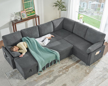 VanAcc Pull Out Sofa, 112 Inch Oversized U Shape Sleeper Sofa Couch with Storage Chaise & 3 Seater