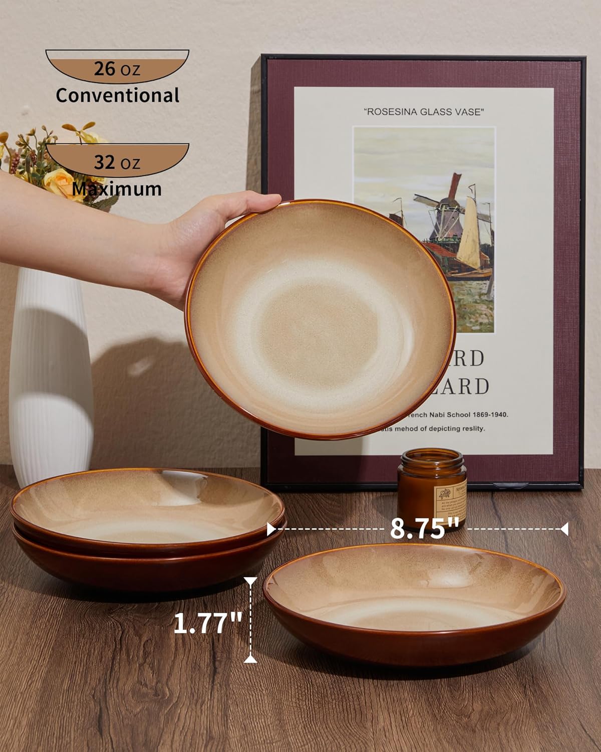 16 Piece Double Bowl Plates and Bowls Sets, Ceramic Dinnerware Sets with Pasta Bowls, Dishwasher &