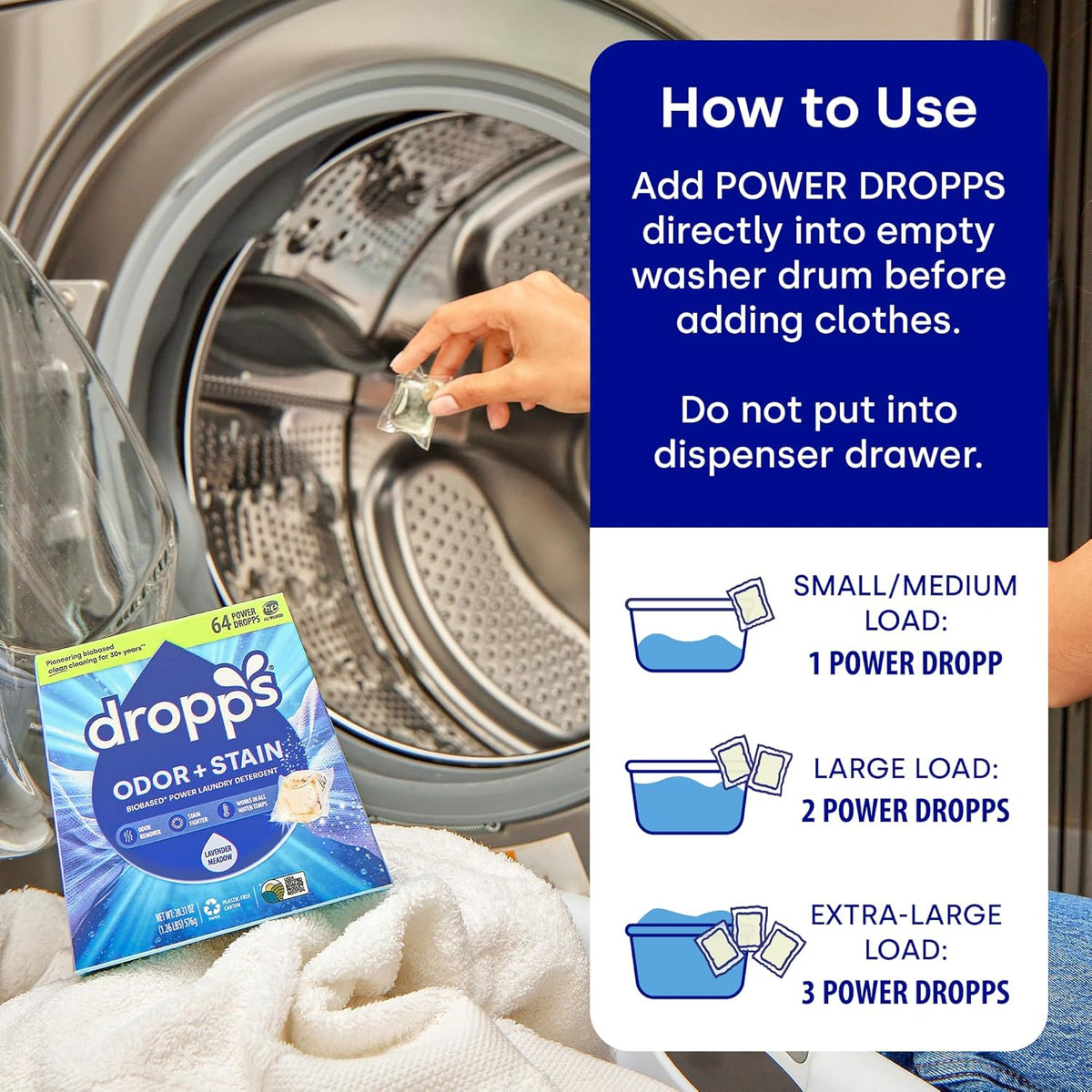 Dropps Odor & Stain Biobased Power Laundry Detergent Pods, Lavender Meadow(140 Count) - HE