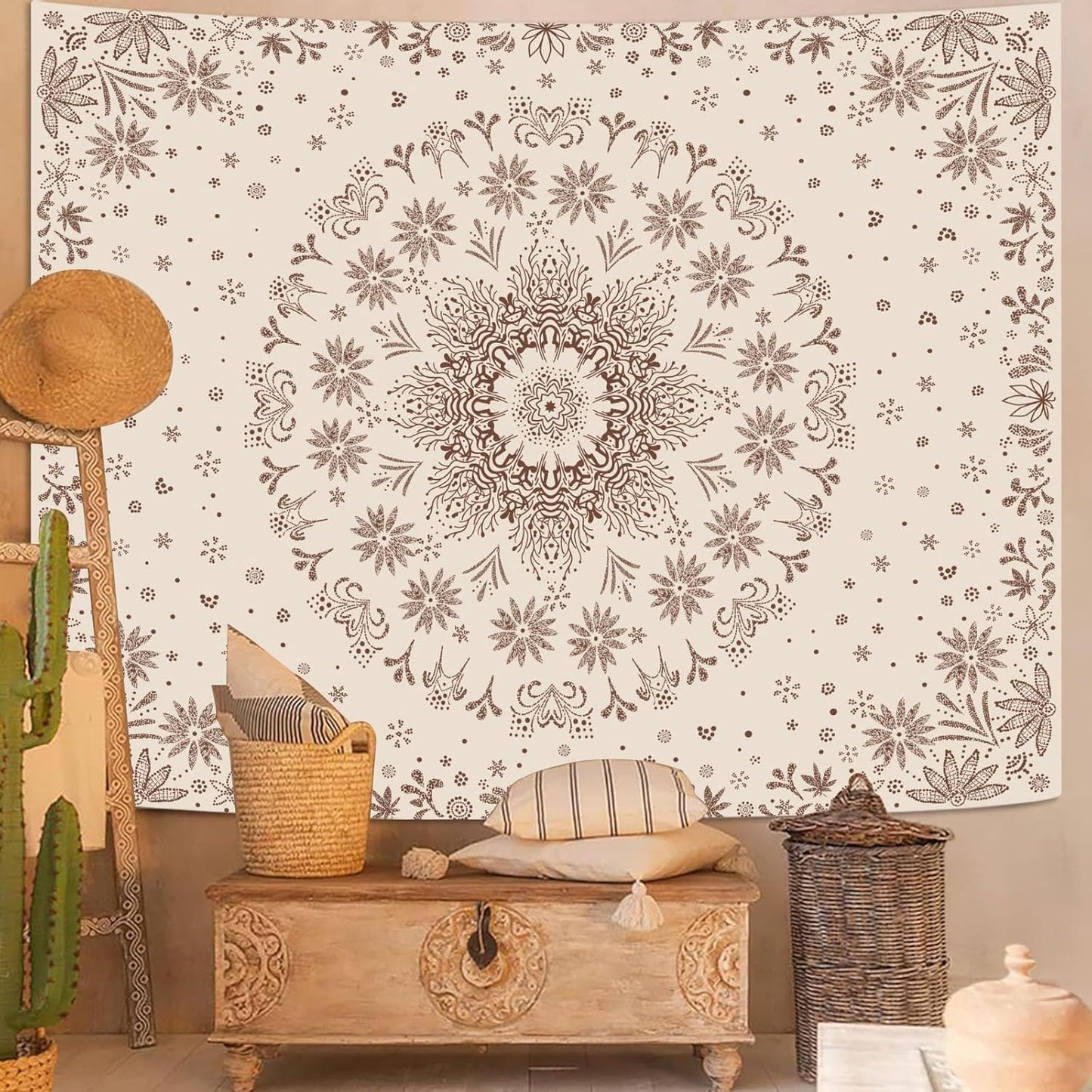 Fowocu Boho Floral Mandala Tapestry Wall Hanging Bohemian Flower Medallion Tapestry Aesthetic Beige