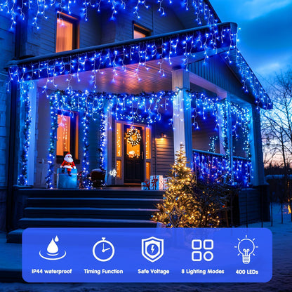 JMEXSUSS 400 LED Blue Icicle Lights for Outdise, 38.8 FT Christmas Icicle Lights Indoor Outdoor