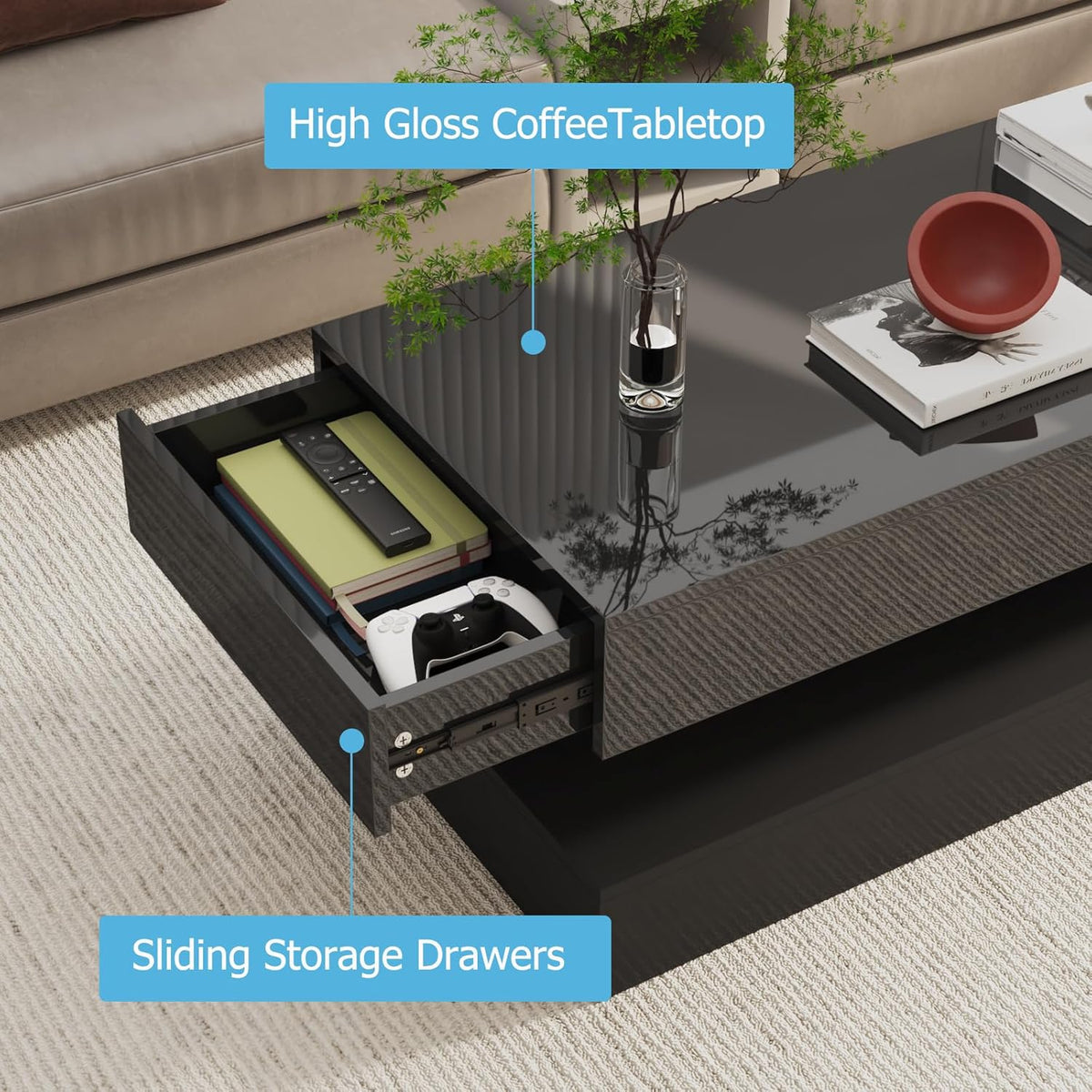 Uspeedy 47.3IN High Glossy LED Coffee Table,Modern Coffee Tables for Living Room,Living Rooms