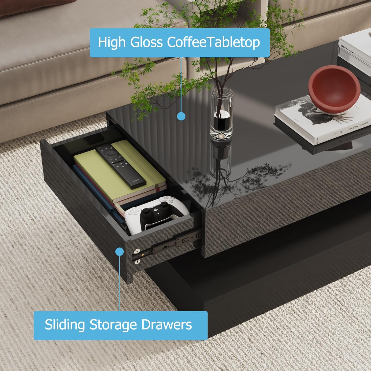 Uspeedy 47.3IN High Glossy LED Coffee Table,Modern Coffee Tables for Living Room,Living Rooms