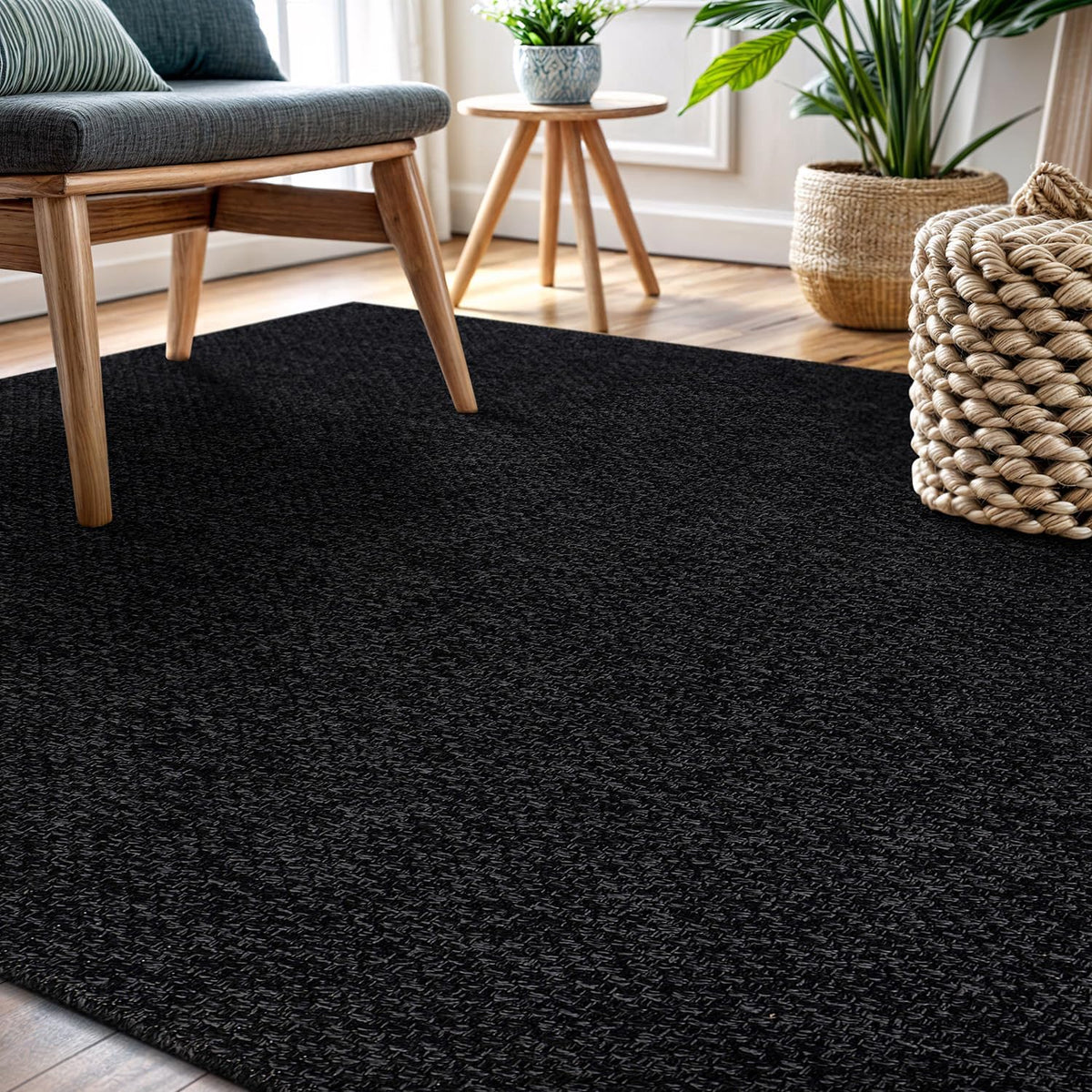 CAMILSON Easy Jute Rug 4x6, Indoor Outdoor Dark Gray Black Farmhouse Area Rugs for Living Room