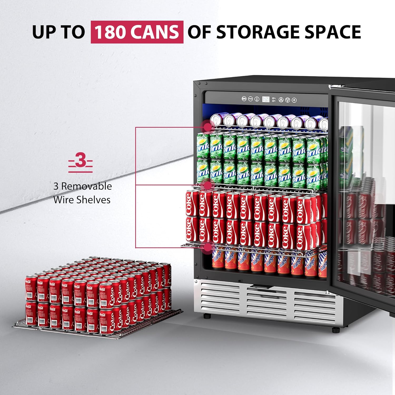 24 Inch Beverage Refrigerator, Beverage Cooler 180 Can Built-in Design, Under Counter Beer Fridge