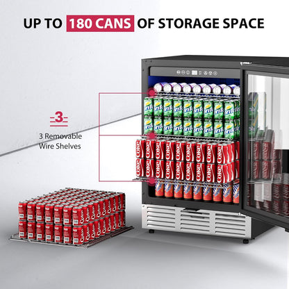 24 Inch Beverage Refrigerator, Beverage Cooler 180 Can Built-in Design, Under Counter Beer Fridge