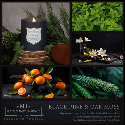 Manly Indulgence Black Pine Oakmoss Scented Candles for Men, 15 oz Wooden Wick, Premium Soy Blend