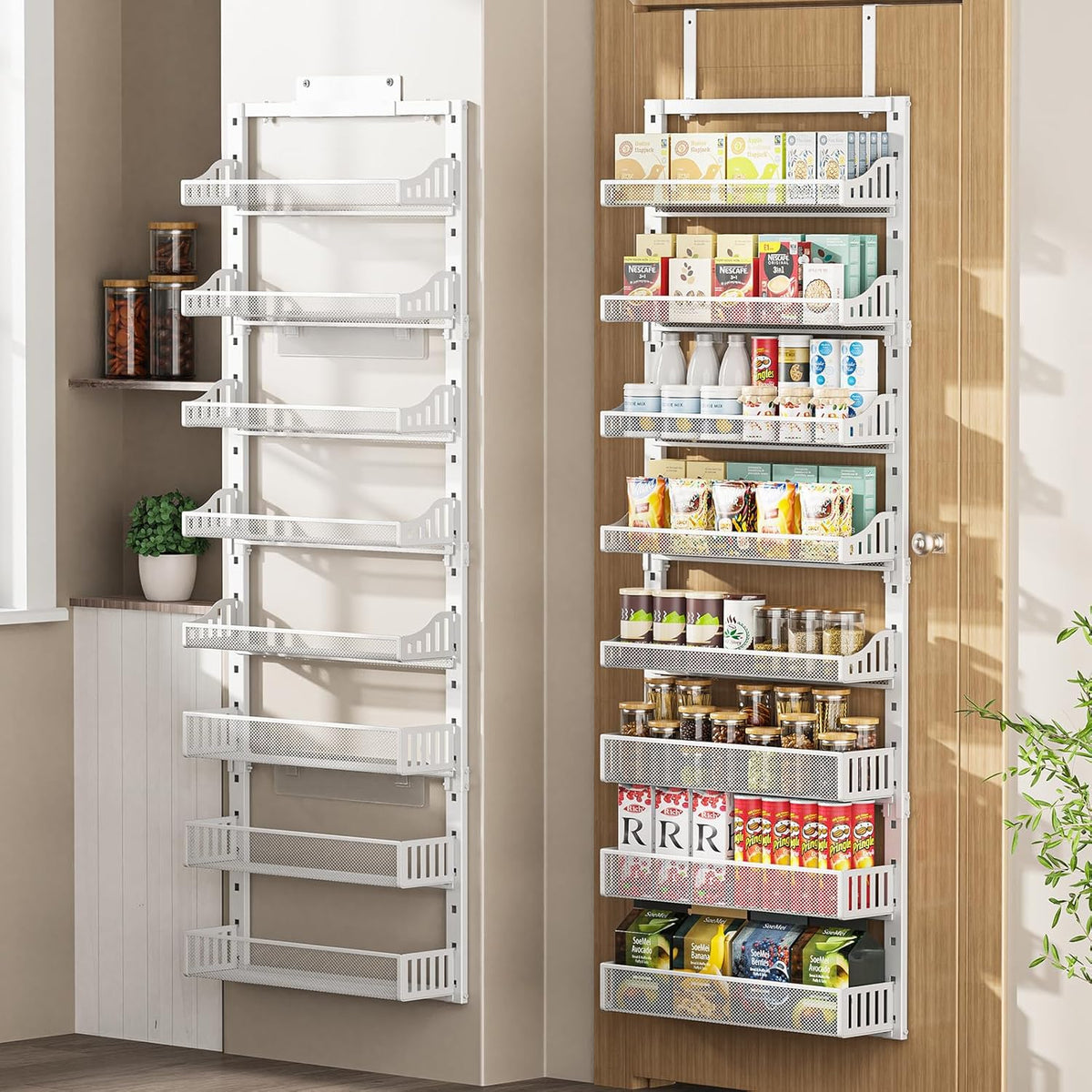 Over the Door Pantry Organizer 8-Tier, Large Metal Door Spice Rack with Adjustable Basket, 2 in 1