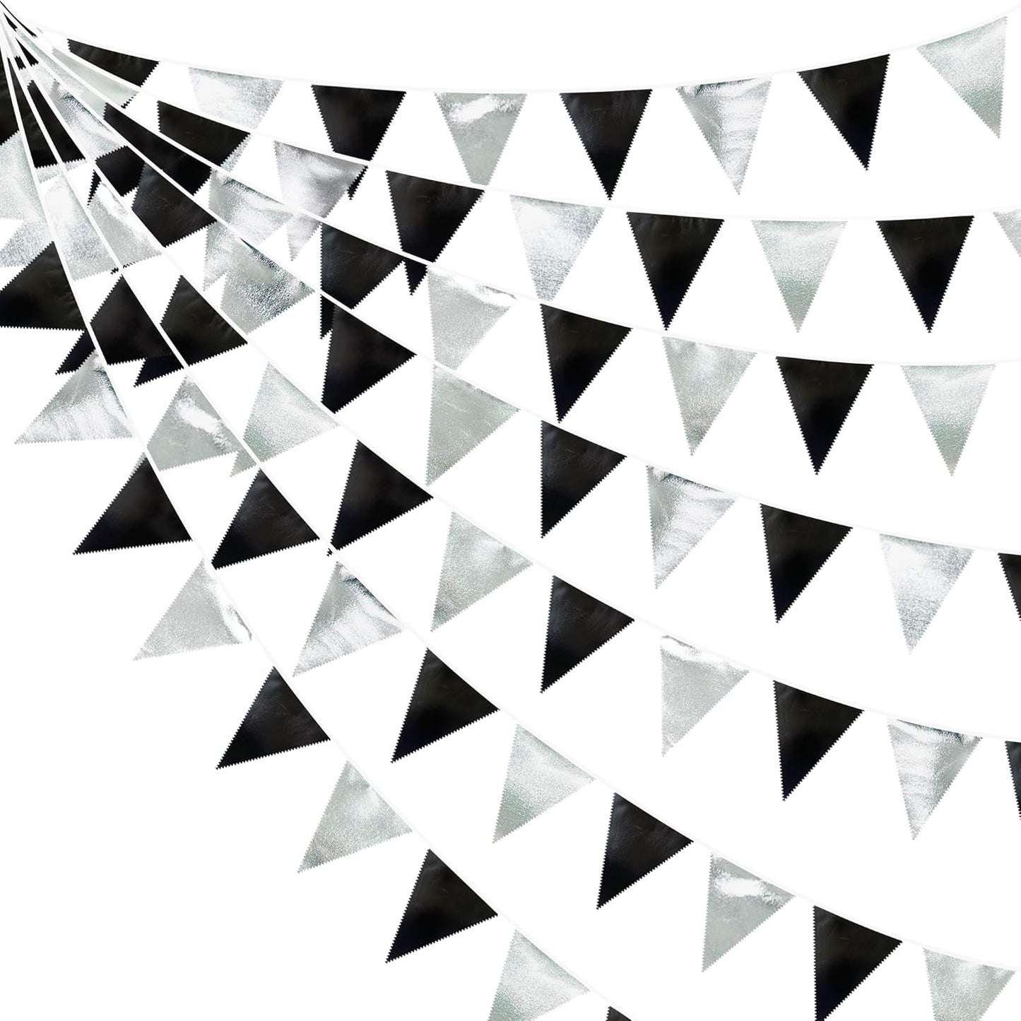 Black and Silver Party Decorations Triangle Pennant Banner Flag Metallic Fabric Bunting Garland for