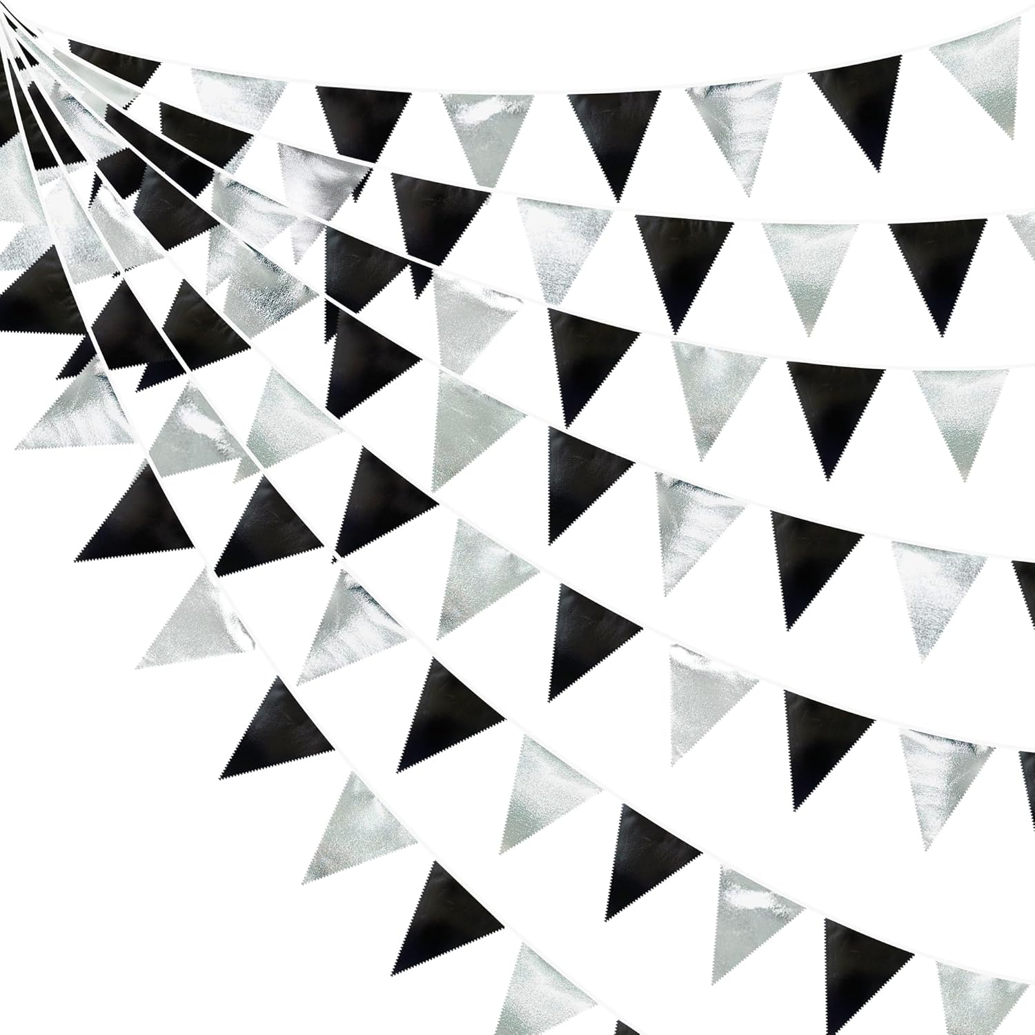 Black and Silver Party Decorations Triangle Pennant Banner Flag Metallic Fabric Bunting Garland for