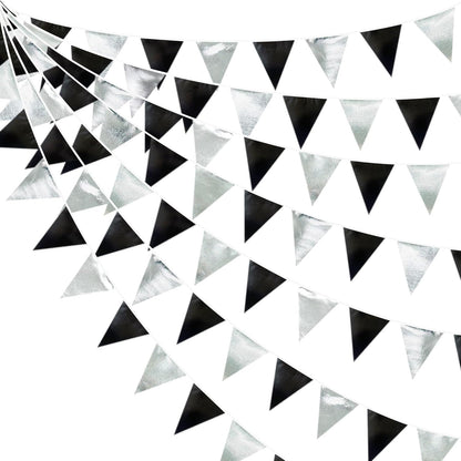 Black and Silver Party Decorations Triangle Pennant Banner Flag Metallic Fabric Bunting Garland for