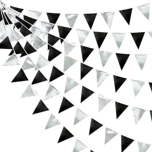 Black and Silver Party Decorations Triangle Pennant Banner Flag Metallic Fabric Bunting Garland for