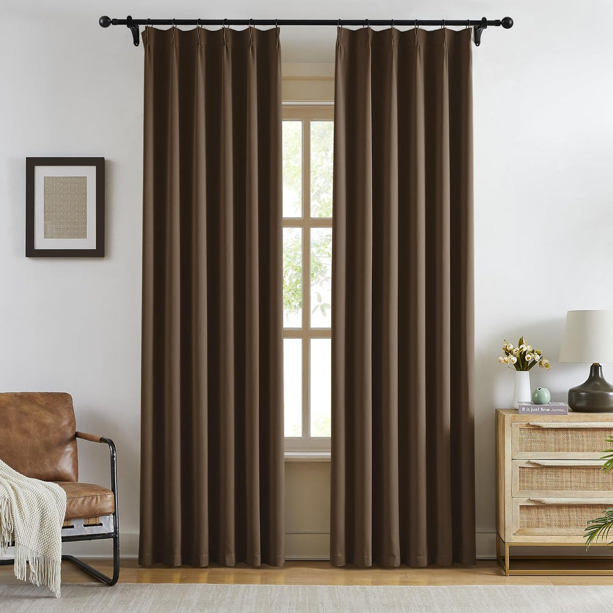 KangBang Brown Pinch Pleat Blackout Curtains 84 Inch Length for Bedroom, Pinch Pleated Noise
