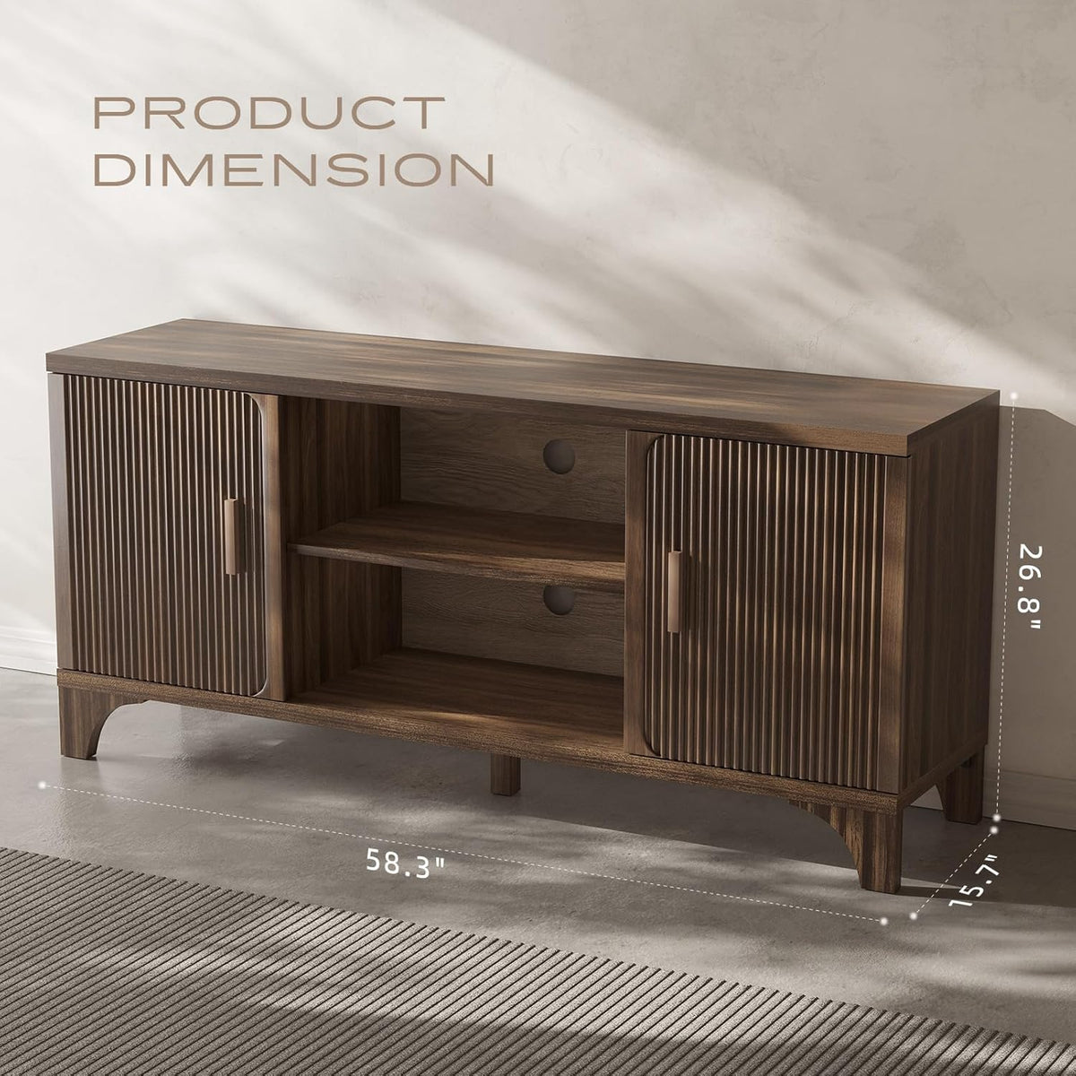 Tall Mid Century Modern TV Stand for 55/65 Inches Television, TV Console with Fluted Doors and