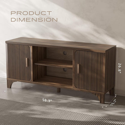 Tall Mid Century Modern TV Stand for 55/65 Inches Television, TV Console with Fluted Doors and