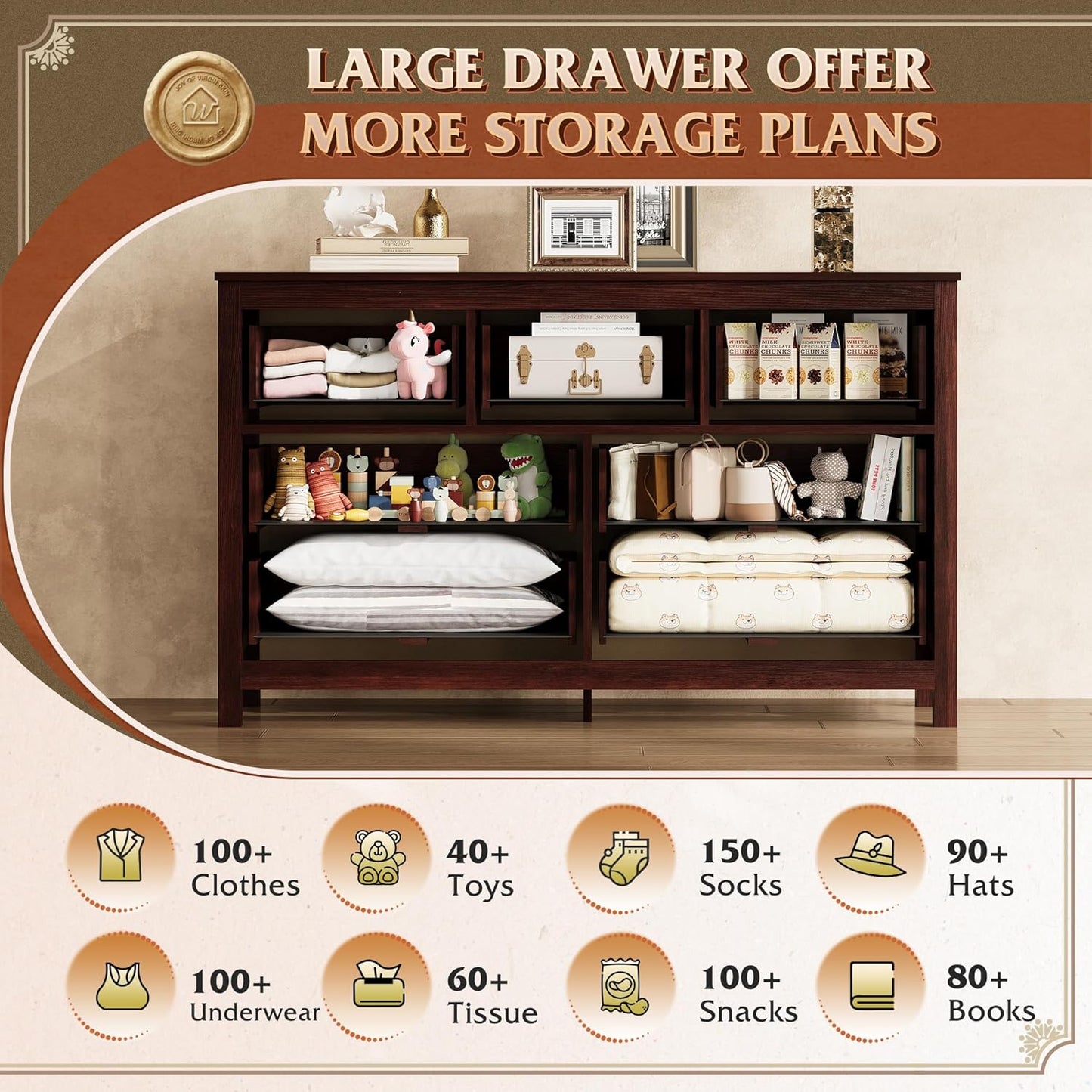 WLIVE Farmhouse Dresser for Bedroom, 51.18'' Wide 7 Drawer Wood Dresser, TV Stand for 65 inch TV
