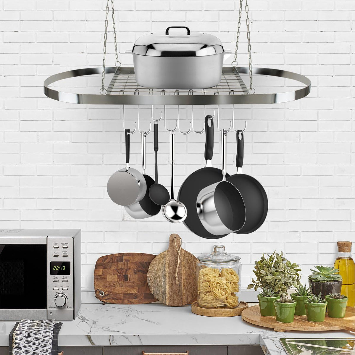 Sorbus® Pot and Pan Rack for Ceiling with Hooks — Decorative Oval Mounted Storage Rack