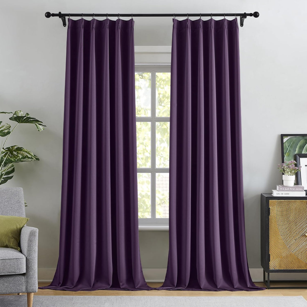 KangBang Royal Purple Pleated Long Curtain Drapes 120 Inches Long, Blackout Thermal Insulated