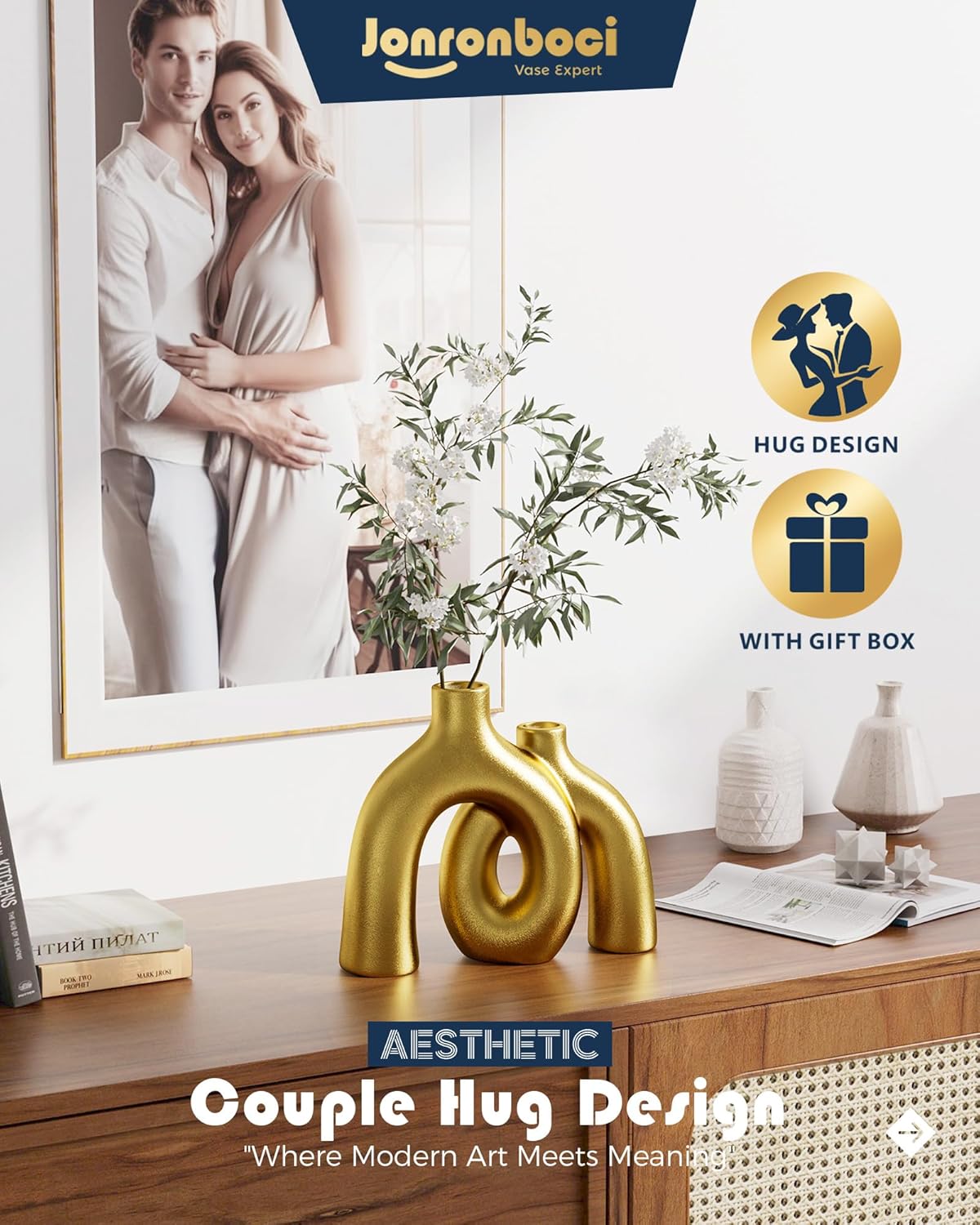 Hug Donut Decorative Vase Set - Golden Modern Classic Transitional Style Vases Home Decor, Matte