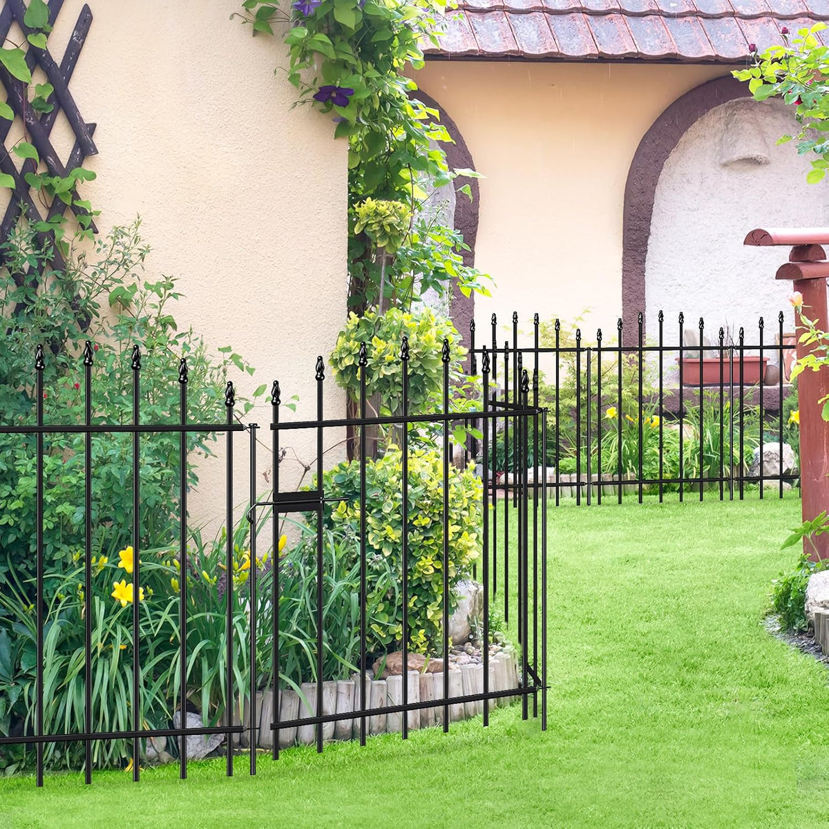 Metal Garden Fence with Gate 32 in H x 12 ft L, 1 Gate + 5 Panels Border Dog Fence Panels Animal