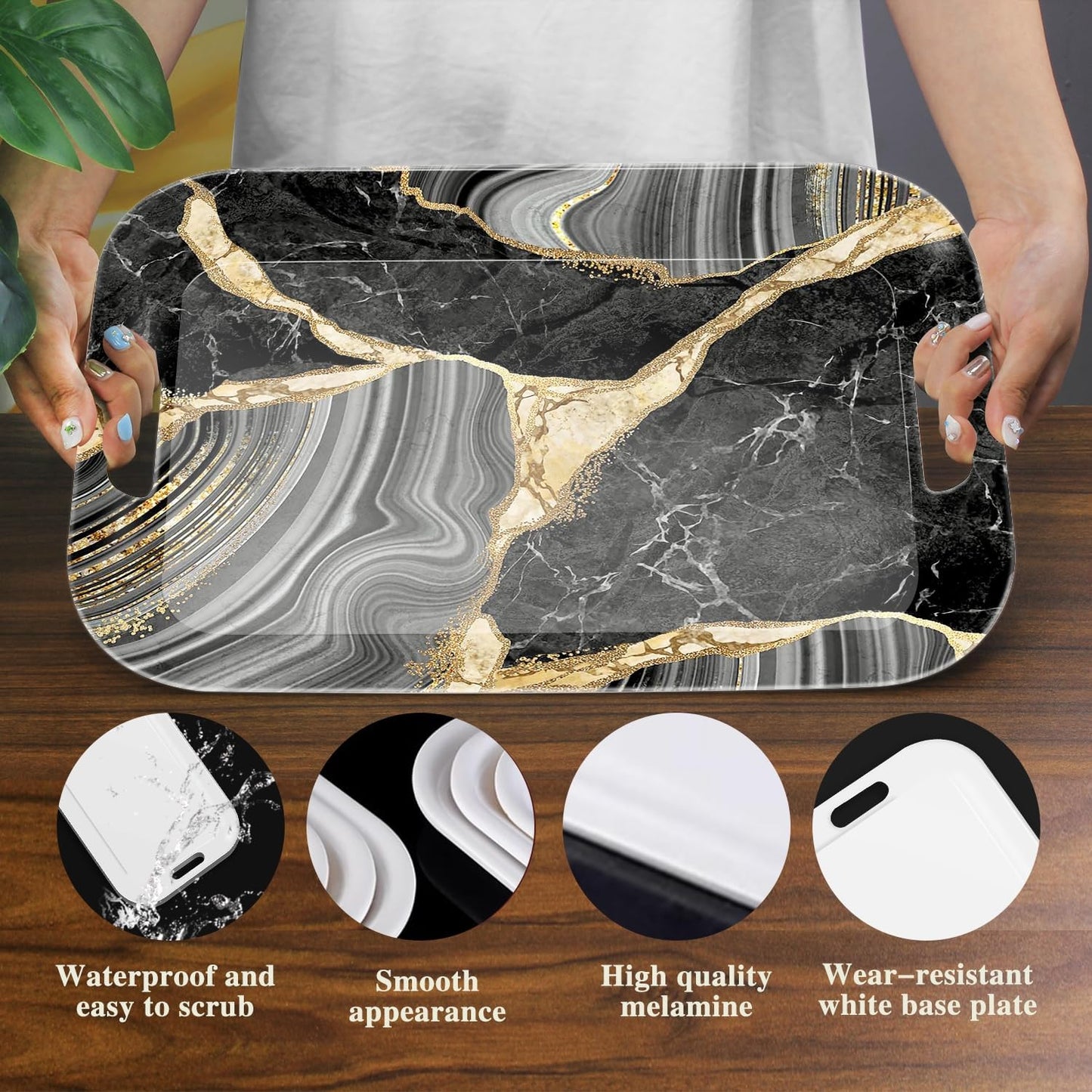 Serving Trays with Handles, 14.5 x 9.8 inch Rectangular Plastic Tray for Restaurant, Kitchen