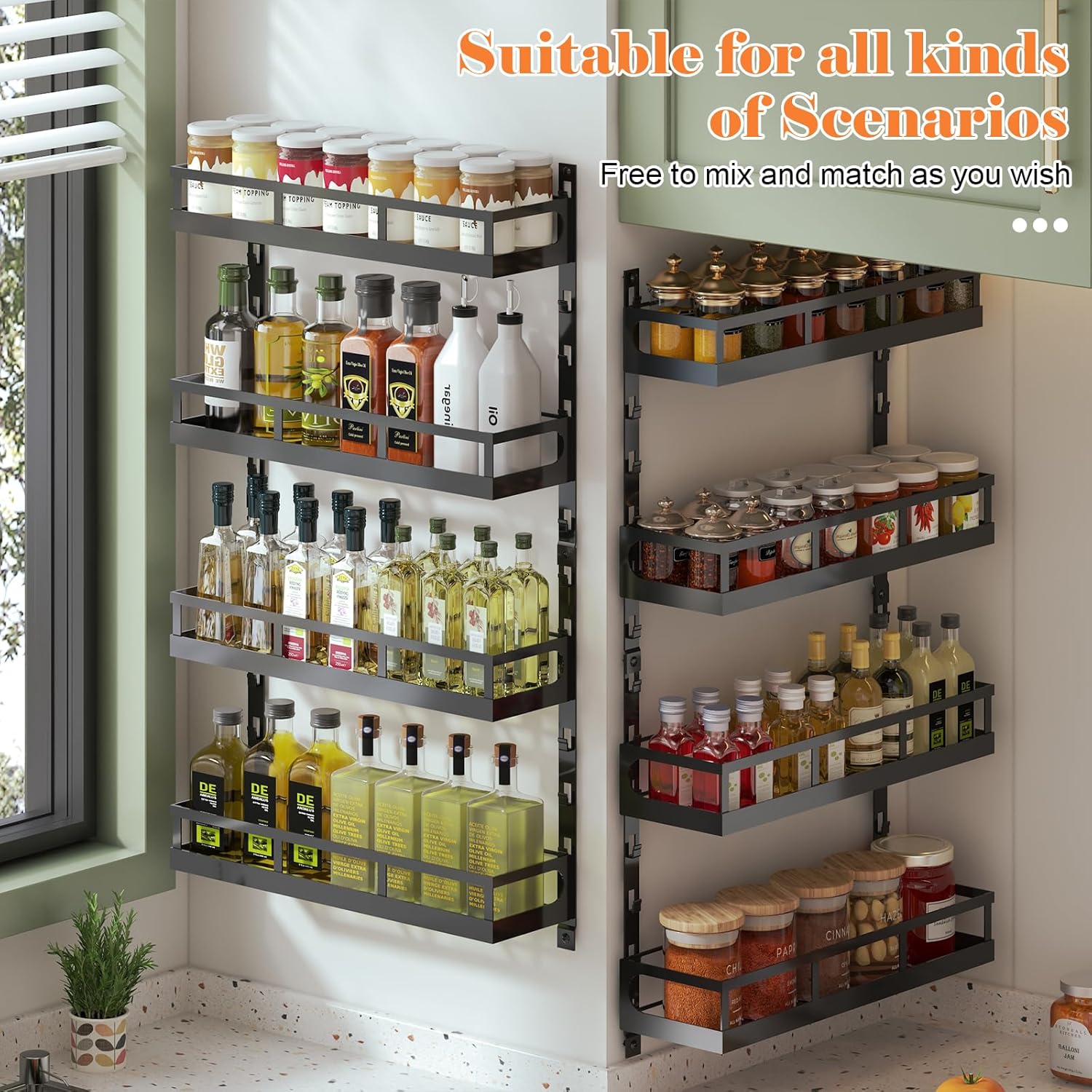 X-cosrack 8-Tier Adjustable Spice Rack – Wall-Mounted Space-Saving Organizer with Mixed Baskets