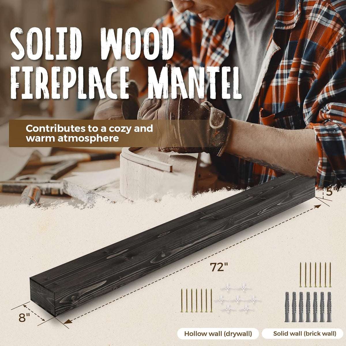 72x8x5 Fireplace Mantel - Handcrafted Hollow Rustic Solid Wood Wall Mounted Floating Shelf with
