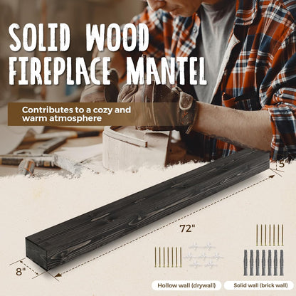 72x8x5 Fireplace Mantel - Handcrafted Hollow Rustic Solid Wood Wall Mounted Floating Shelf with