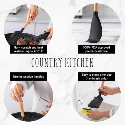 Country Kitchen Non Stick Silicone Utensil Set with Rounded Wood Handles for Cooking and Baking, 14