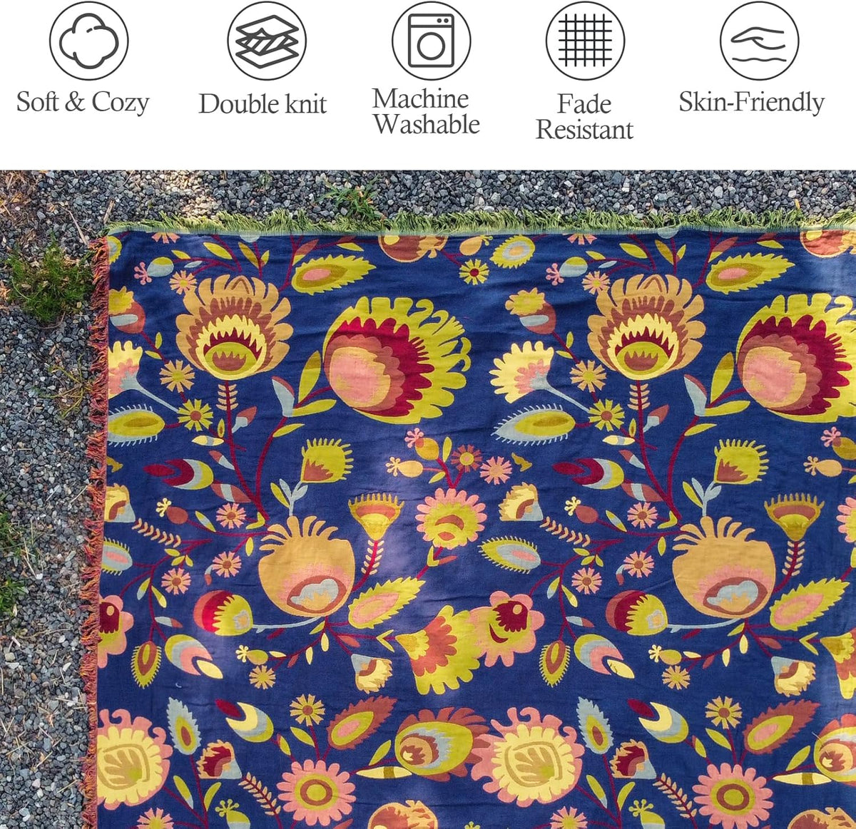 Snycler Boho Throw Blanket for Bed, 100% Organic Cotton Muslin Soft Throw-Blue Boho Floral
