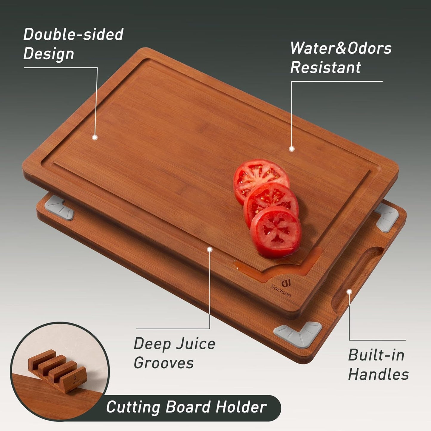 3 Packs Bamboo Cutting Board Set with Non Slip Feet Holder and Over Sink Nice Solid Thick Wood