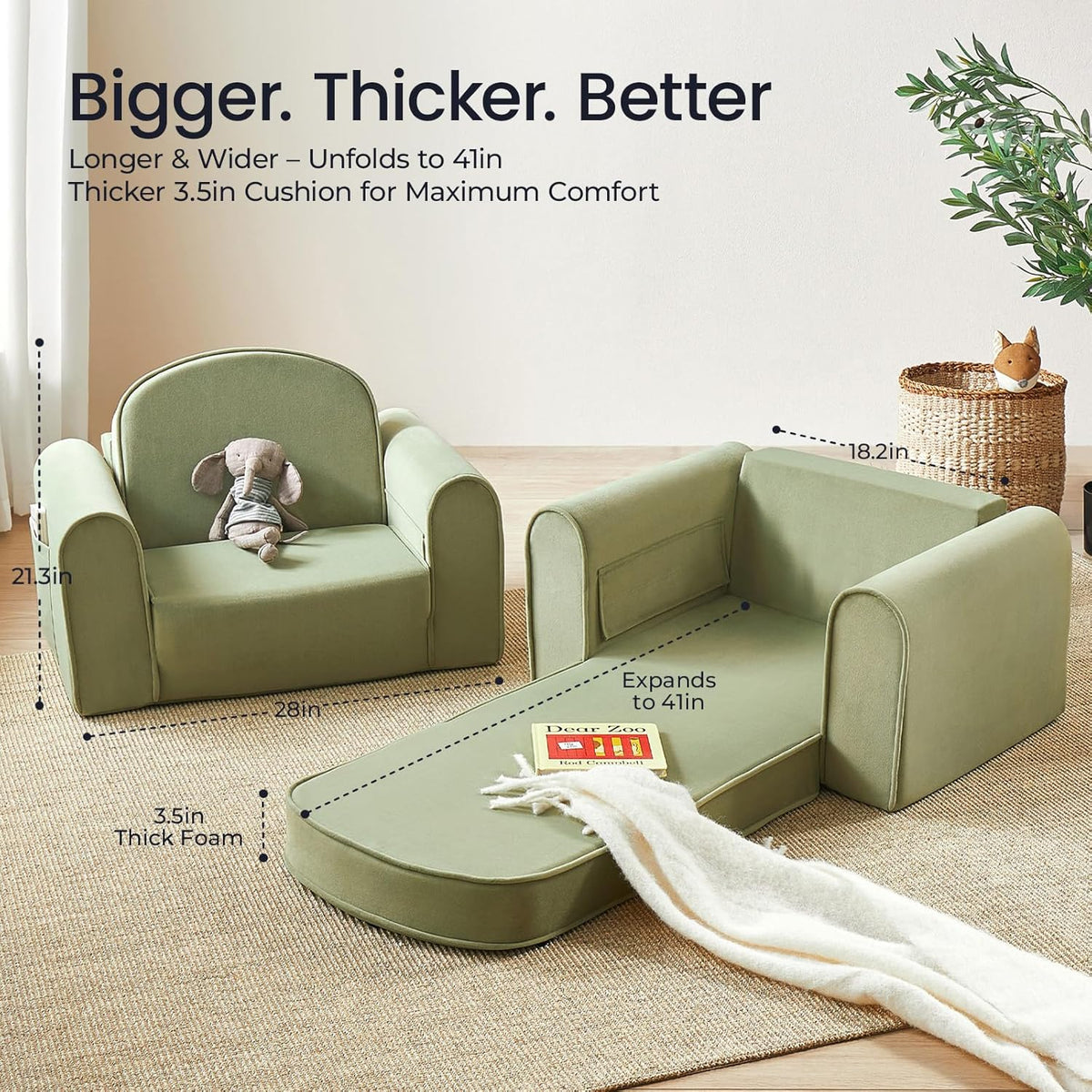 Tiny Land 2-in-1 Foldable Kids Couch with Pockets – Soft Thick Toddler Sofa, Lounger Couch