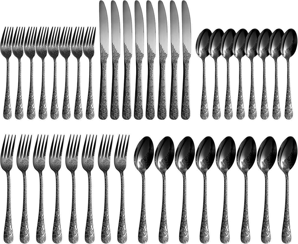 Floral 40 Pcs Black Silverware Set for 8, Food Grade Stainless Steel Flatware Set with Rose Flower