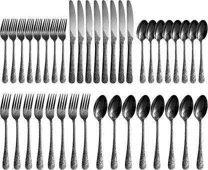 Floral 40 Pcs Black Silverware Set for 8, Food Grade Stainless Steel Flatware Set with Rose Flower