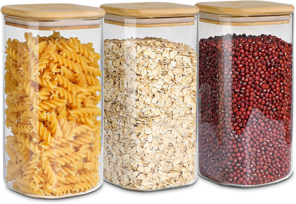 ComSaf Airtight Glass Storage Canister with Wood Lid (1.6 Qt), Clear Food Storage Container Jar