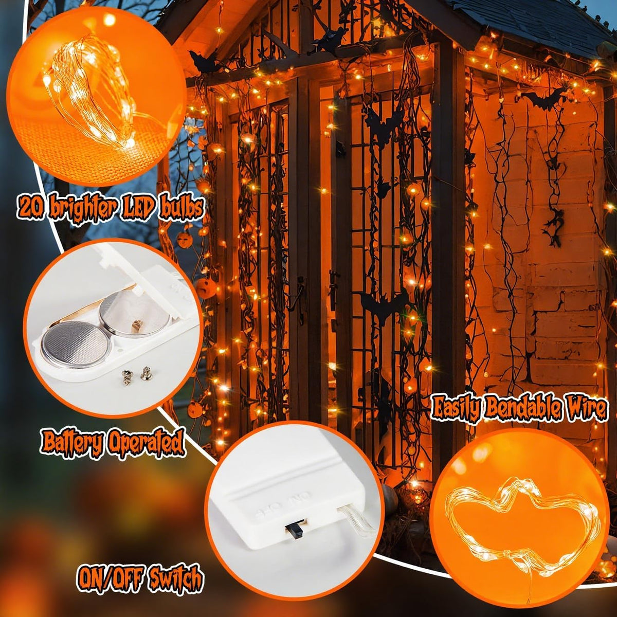 TingMiao Halloween Orange Fairy Lights Battery Operate,7.2ft 20 LEDs String Lights Silver Copper