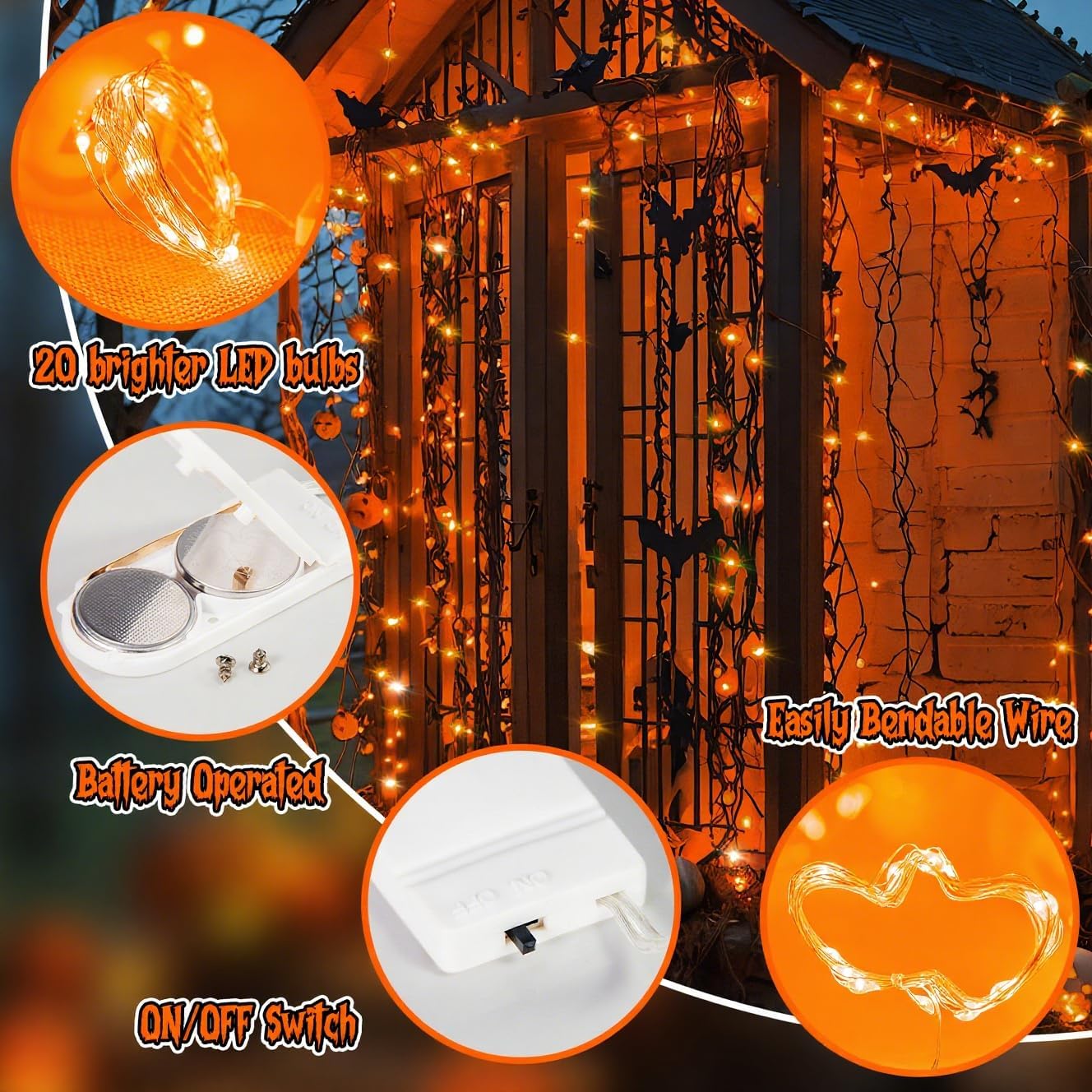 TingMiao Halloween Orange Fairy Lights Battery Operate,7.2ft 20 LEDs String Lights Silver Copper