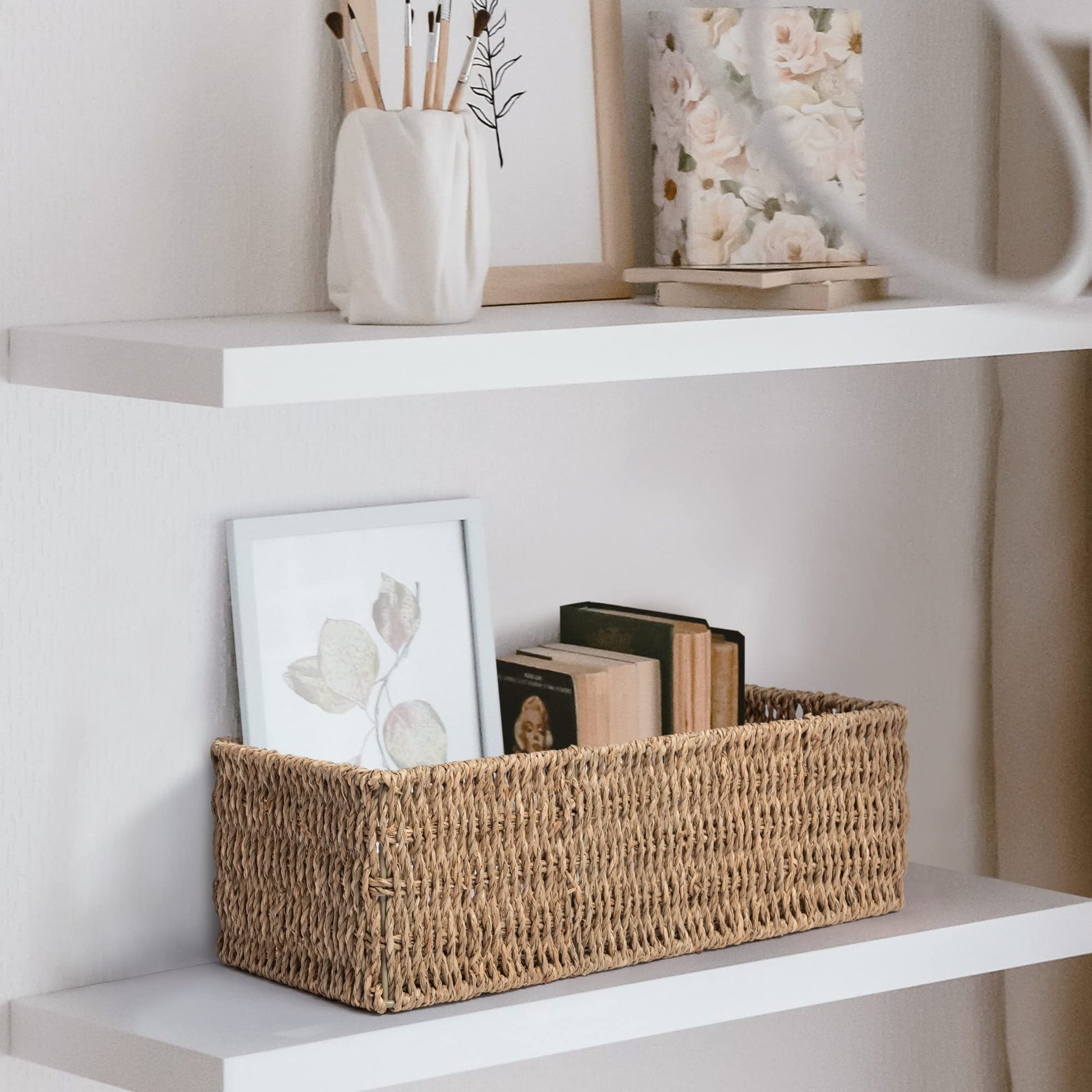 JS HANGER Toilet Basket Tank Topper， Seagrass Storage Baskets, Rectangular Wicker Baskets for