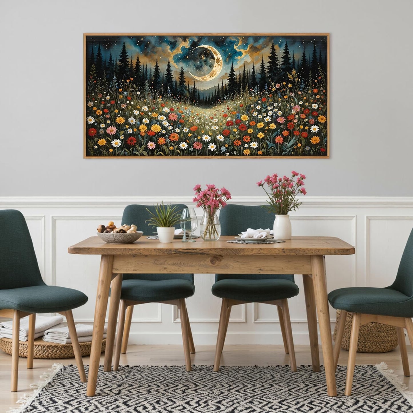 HPINUB Wildflower Moon Pine Tree Framed Canvas Wall Art Set,Nature Forest Wall Decor,Mystical