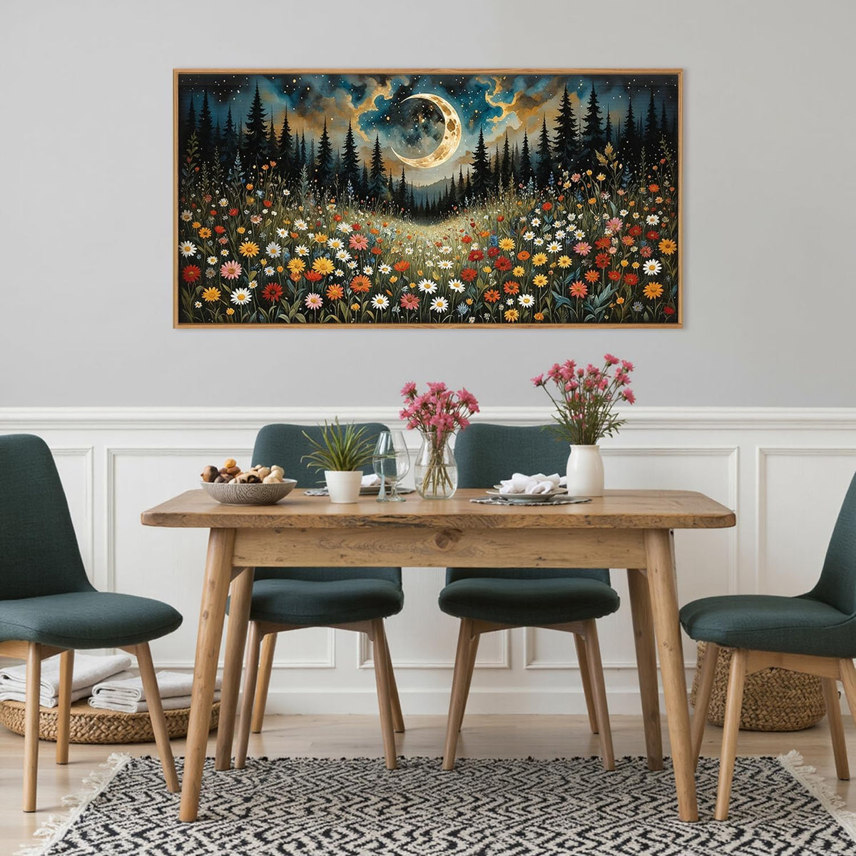 HPINUB Wildflower Moon Pine Tree Framed Canvas Wall Art Set,Nature Forest Wall Decor,Mystical