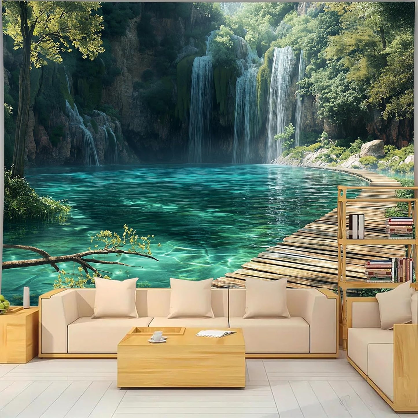 BSFHH Nature Tapestry Forest Tree Sea Cave Wall Hanging, Stream Through Rainforest Landscape Wall