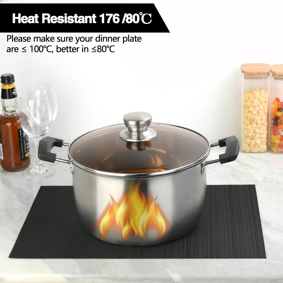 Black Placemats Set of 8 - Easy Clean Washable Vinyl Placemats - Heat Resistant Placemats for