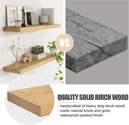 Floating Shelves for Wall, USA-Sourced Brich Wood 48 Inch Long Wall Shelves, Natural Wooden Mounted