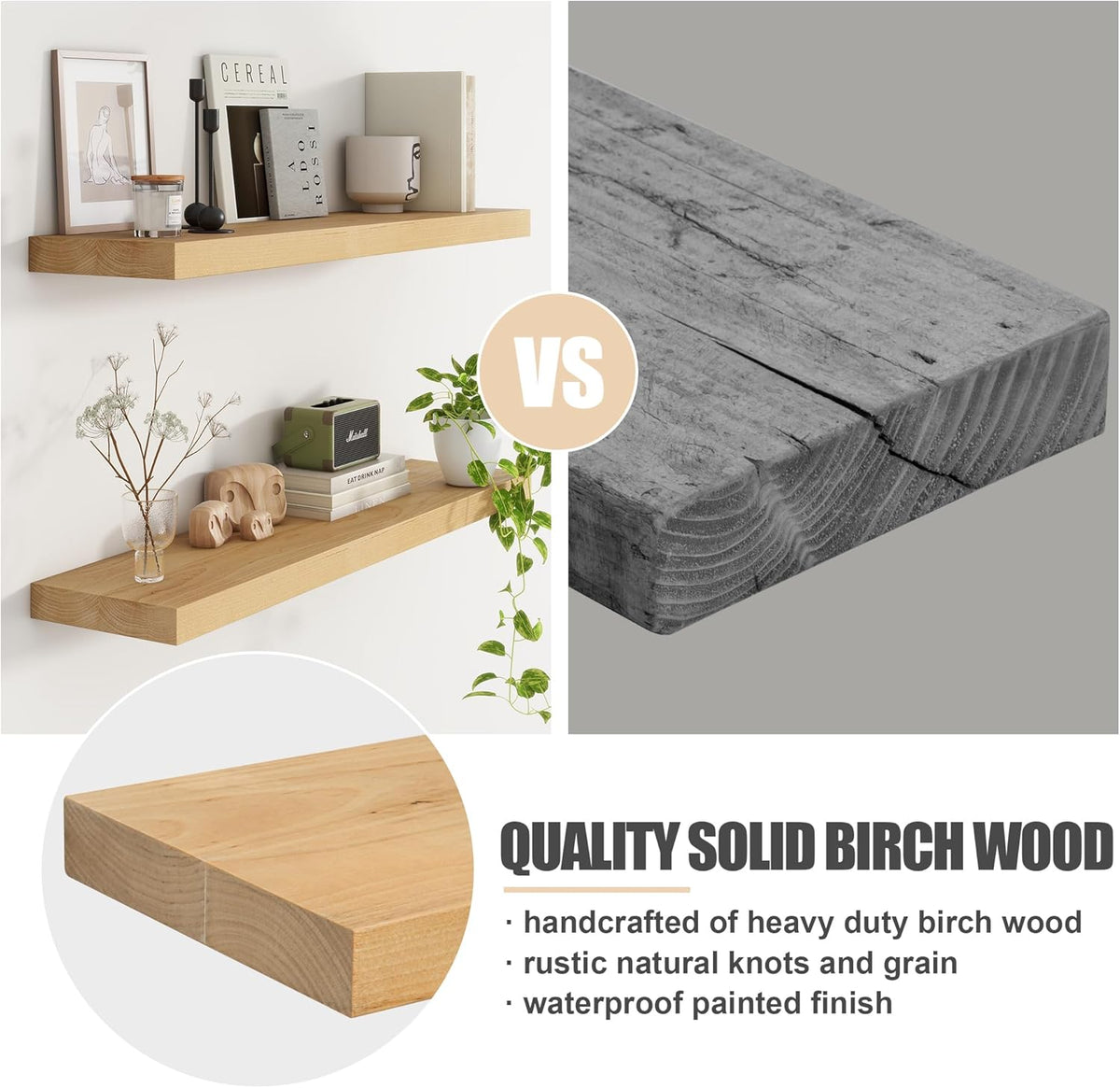Floating Shelves for Wall, USA-Sourced Brich Wood 24 Inch Wall Shelves Set of 2, Natural Wooden