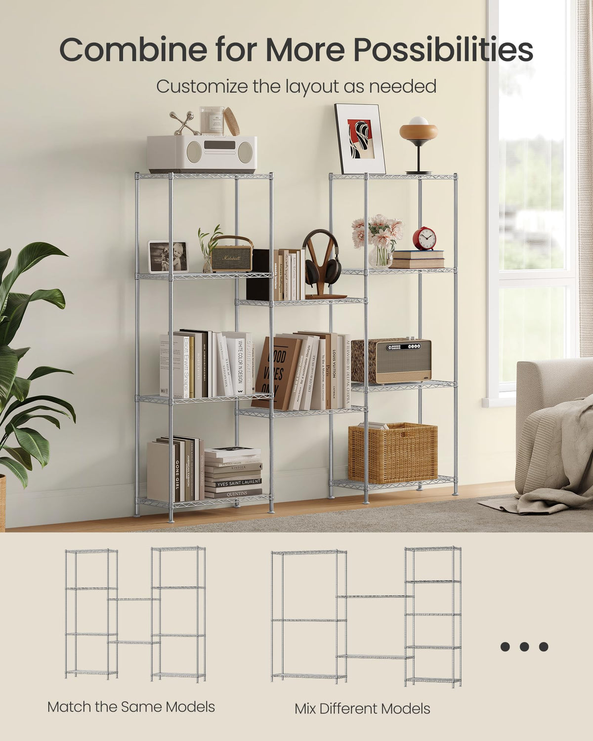 SONGMICS Storage Shelf, Metal Wire Shelving Unit, Adjustable Shelves, for Garage, Bedroom, Living