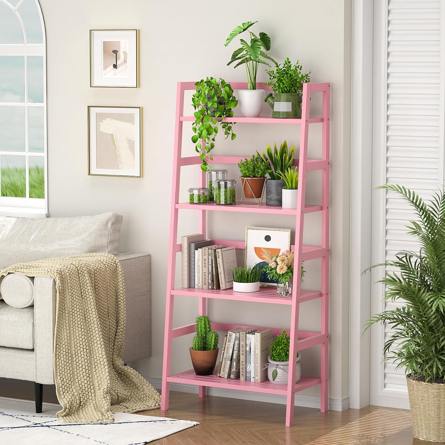 Homykic Bamboo Ladder Bookshelf, 4-Tier Ladder Shelf Open Book Shelf Freestanding Bookcase Bathroom