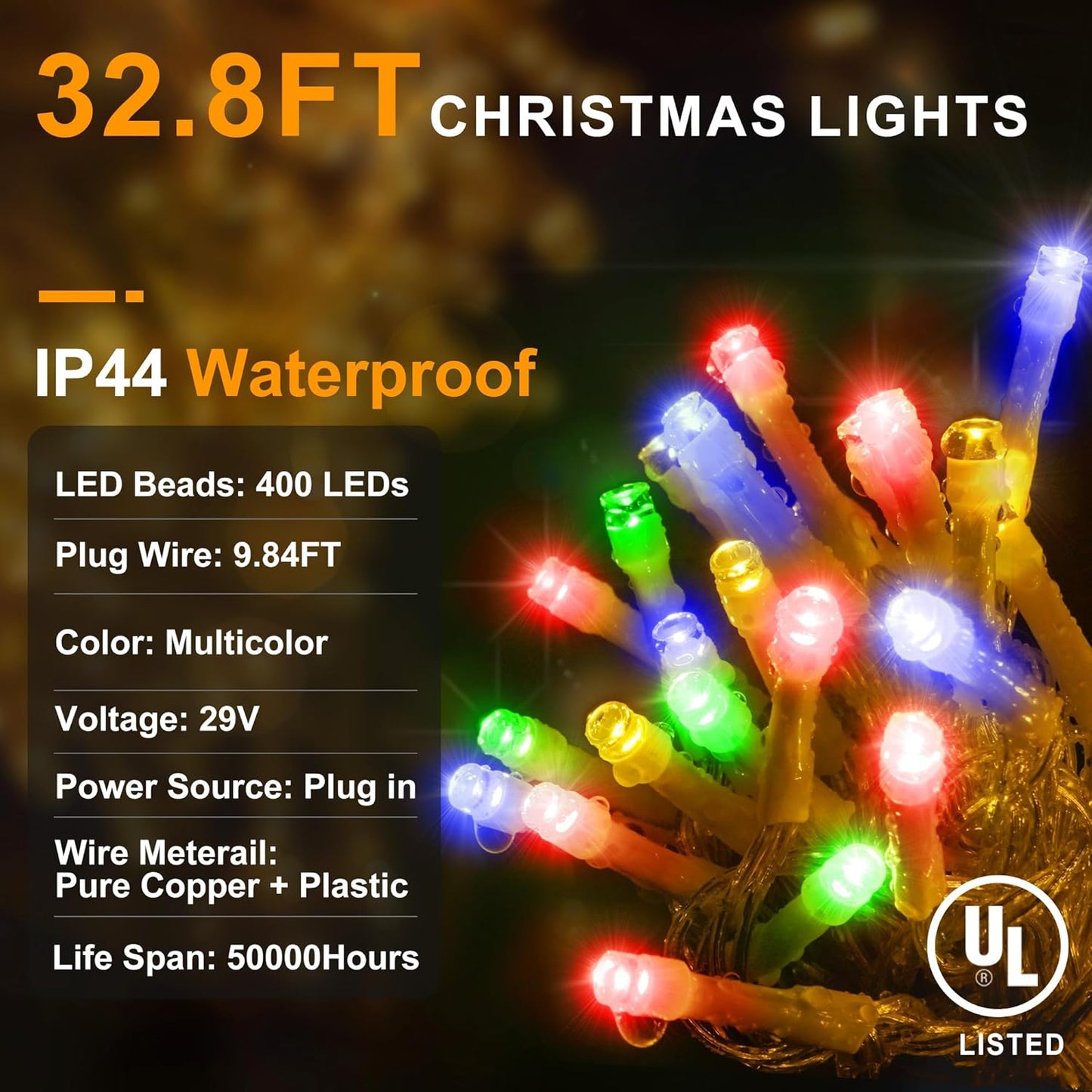 KNONEW Christmas Lights Outdoor Decorations 400 LED 33ft 8 Modes Curtain Fairy String Light with 75