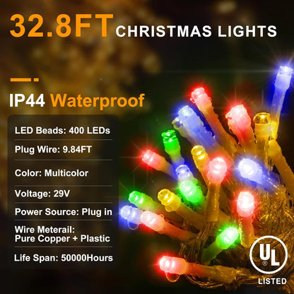 KNONEW Christmas Lights Outdoor Decorations 400 LED 33ft 8 Modes Curtain Fairy String Light with 75