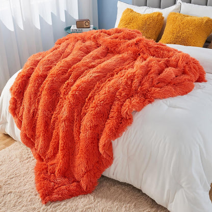 GONAAP Fuzzy Faux Fur Throw Blanket Queen Size Orange Super Soft Cozy Plush Fuzzy Shaggy Blanket