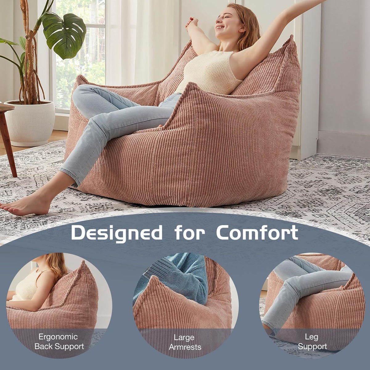 Giant Bean Bag Chair Sofa for Adults Teens, Comfy Corduroy Large Bean Bag Chairs with Armrests for